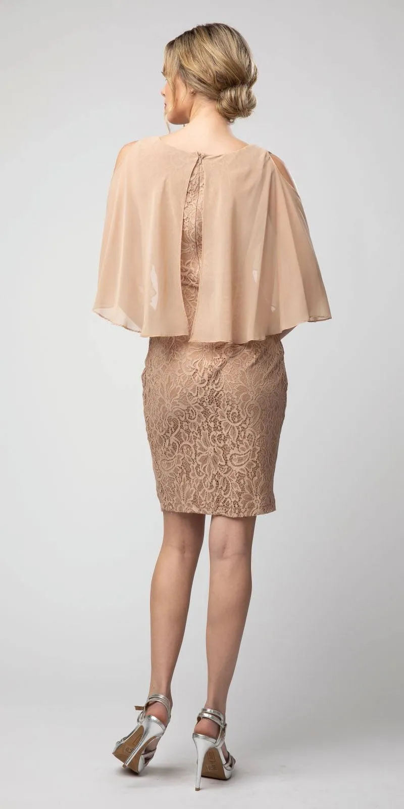 Juno 1007 Lace Short Dress with Cold-Shoulder Poncho