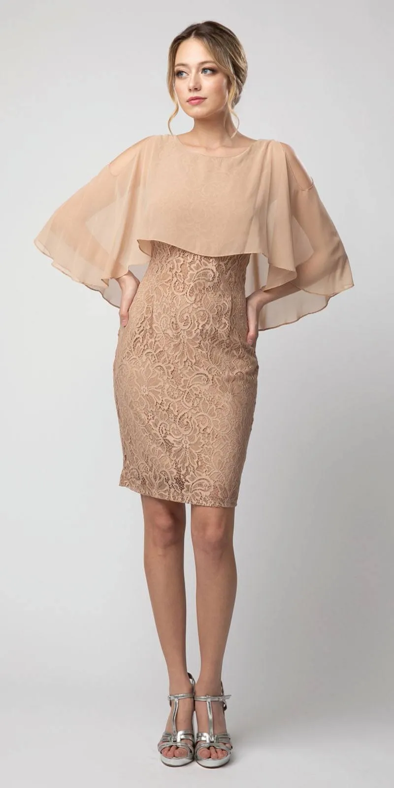 Juno 1007 Lace Short Dress with Cold-Shoulder Poncho