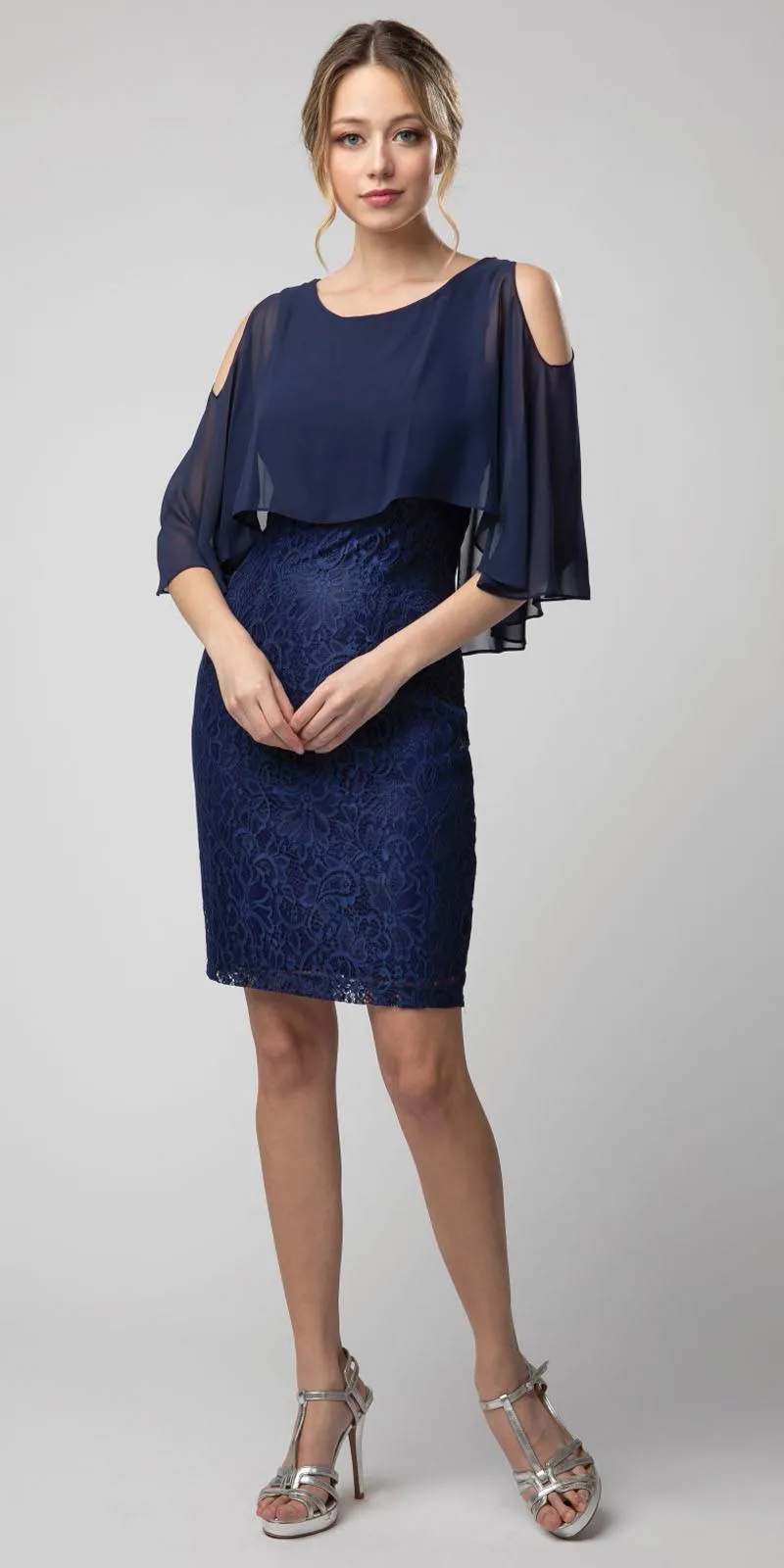 Juno 1007 Lace Short Dress with Cold-Shoulder Poncho