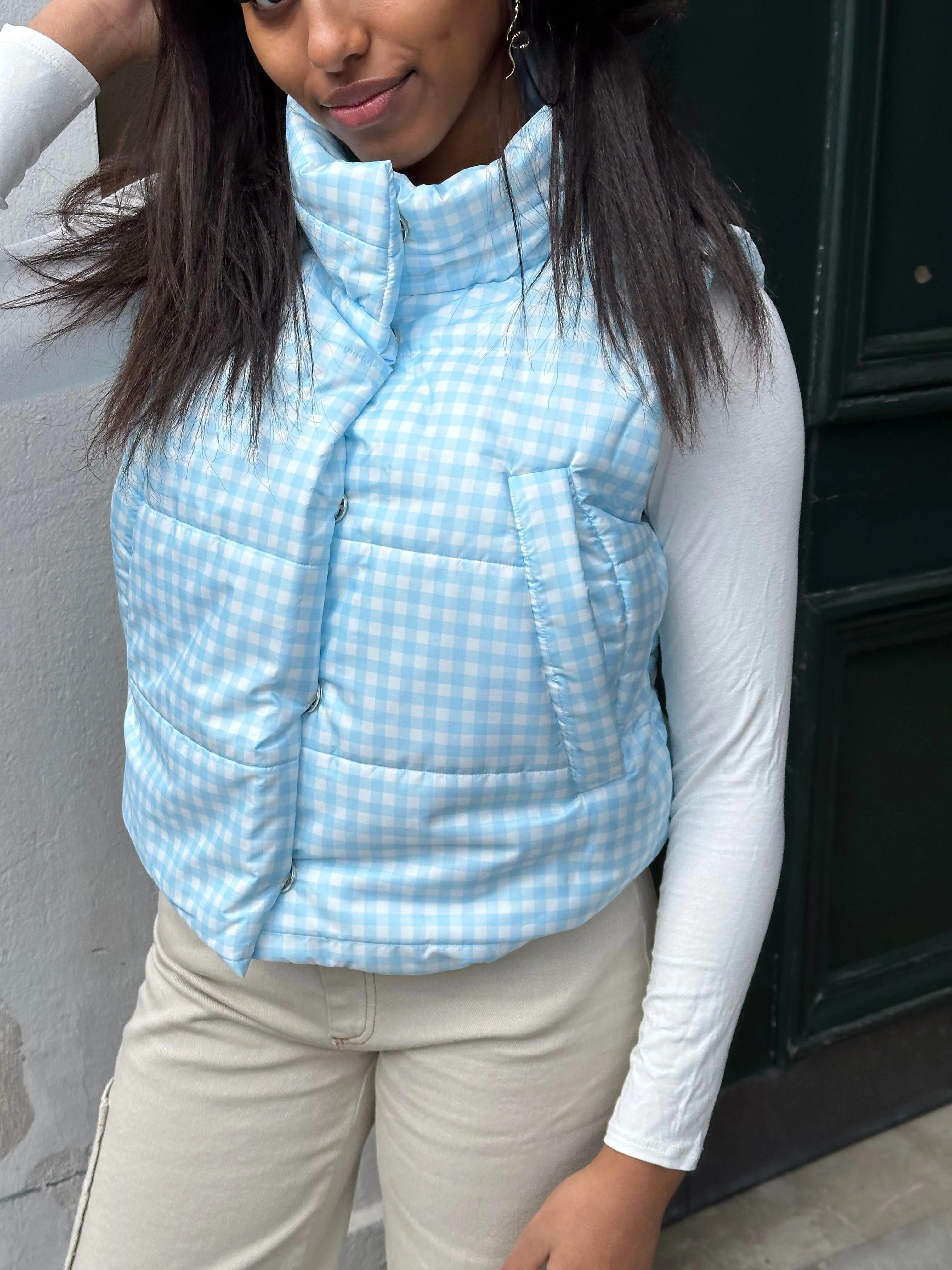 Kate padded vest - blue/white checkered