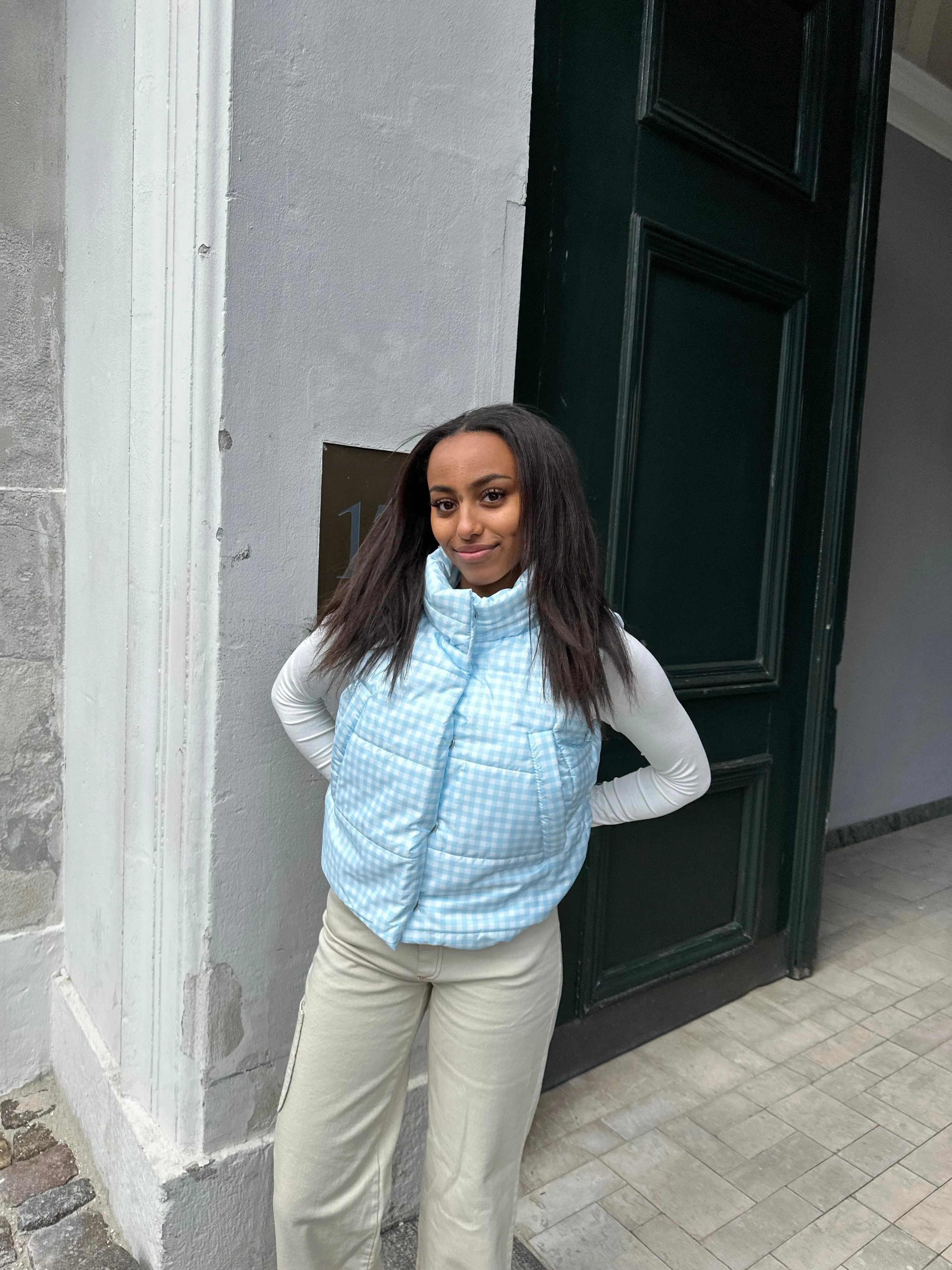 Kate padded vest - blue/white checkered