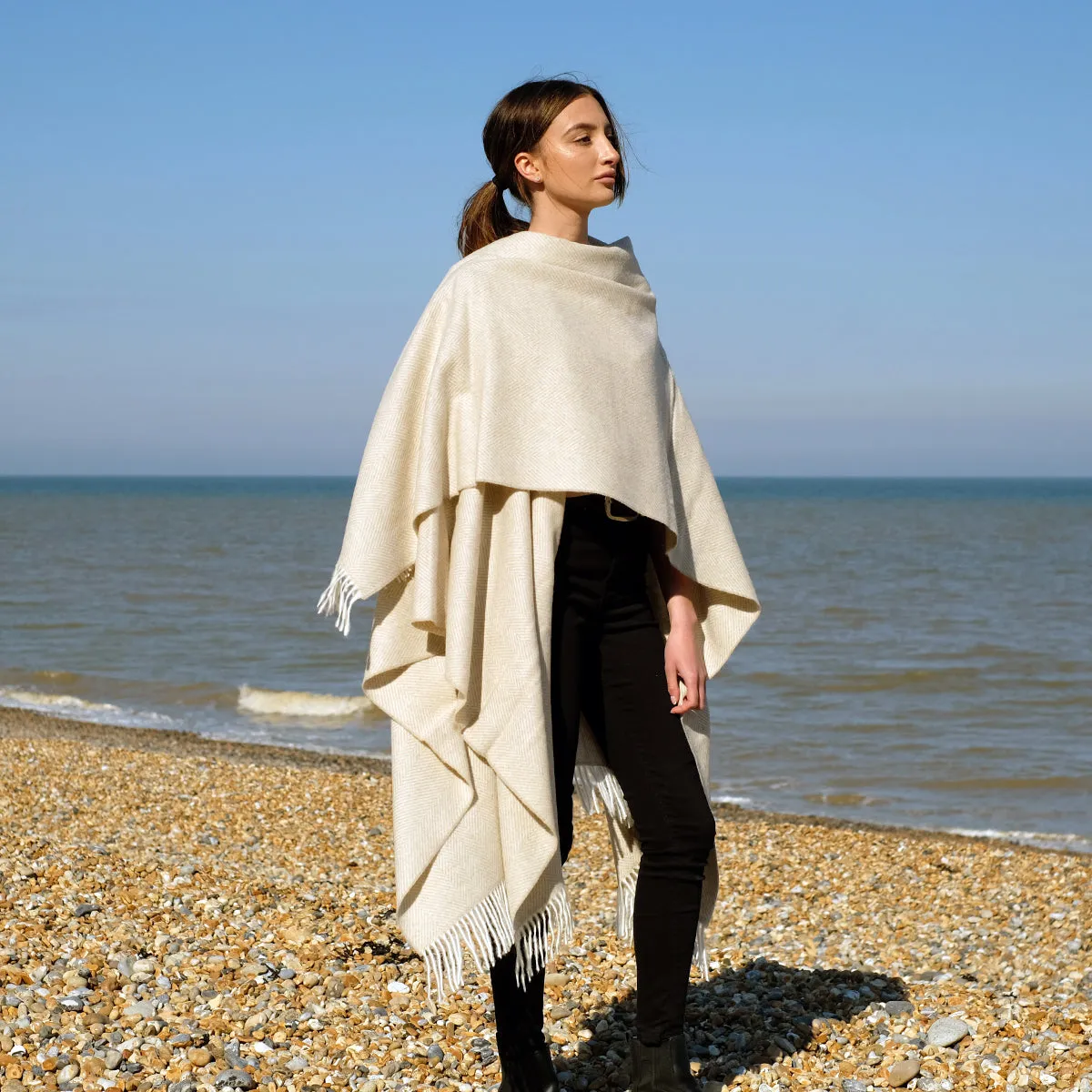 Lambswool Poncho in Beige Herringbone