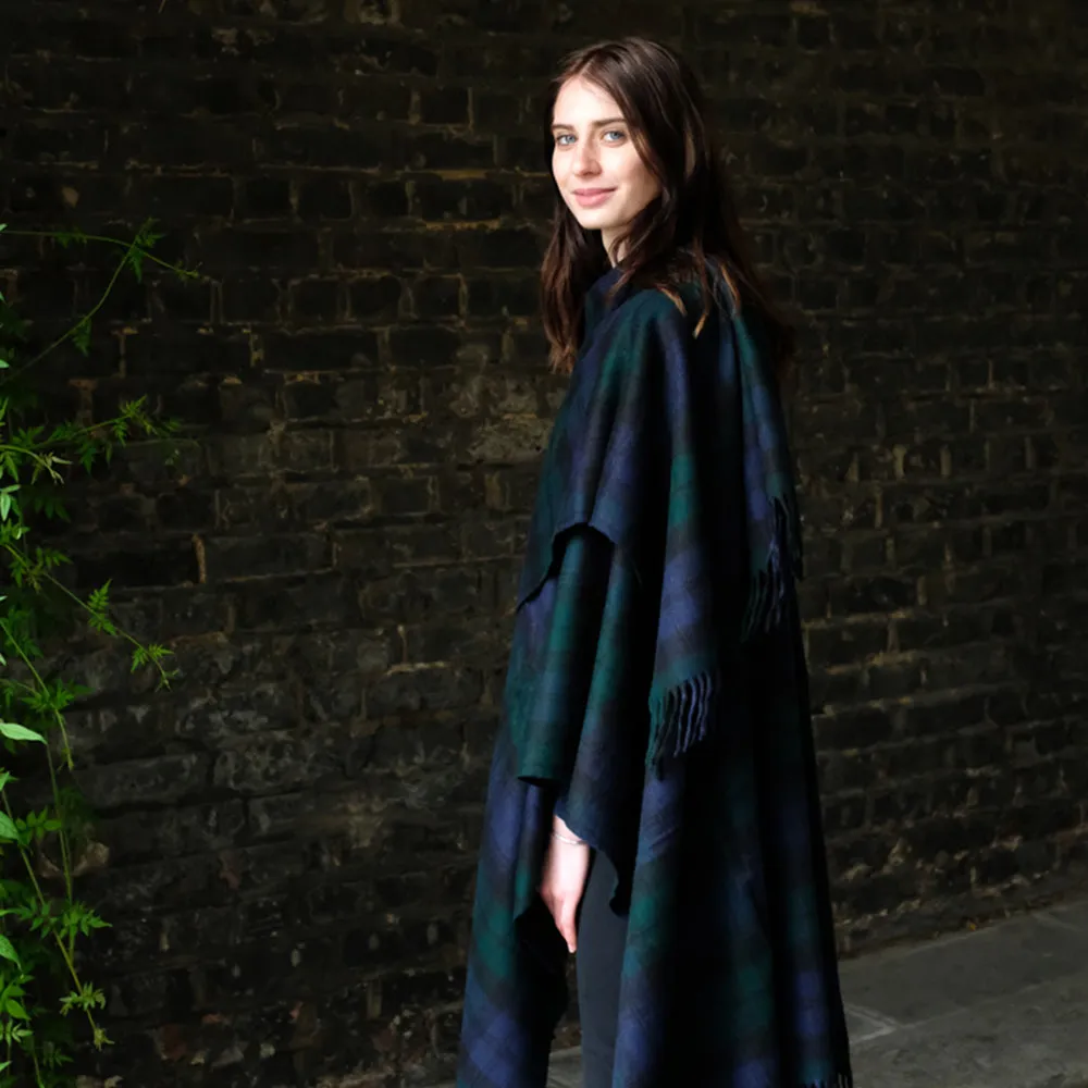 Lambswool Poncho in Black Watch Tartan