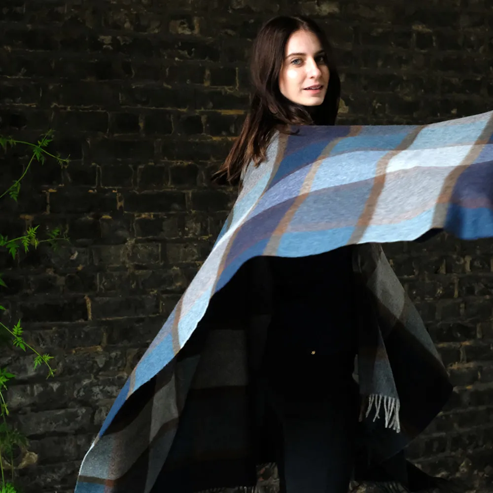 Lambswool Poncho in Blue Block Check