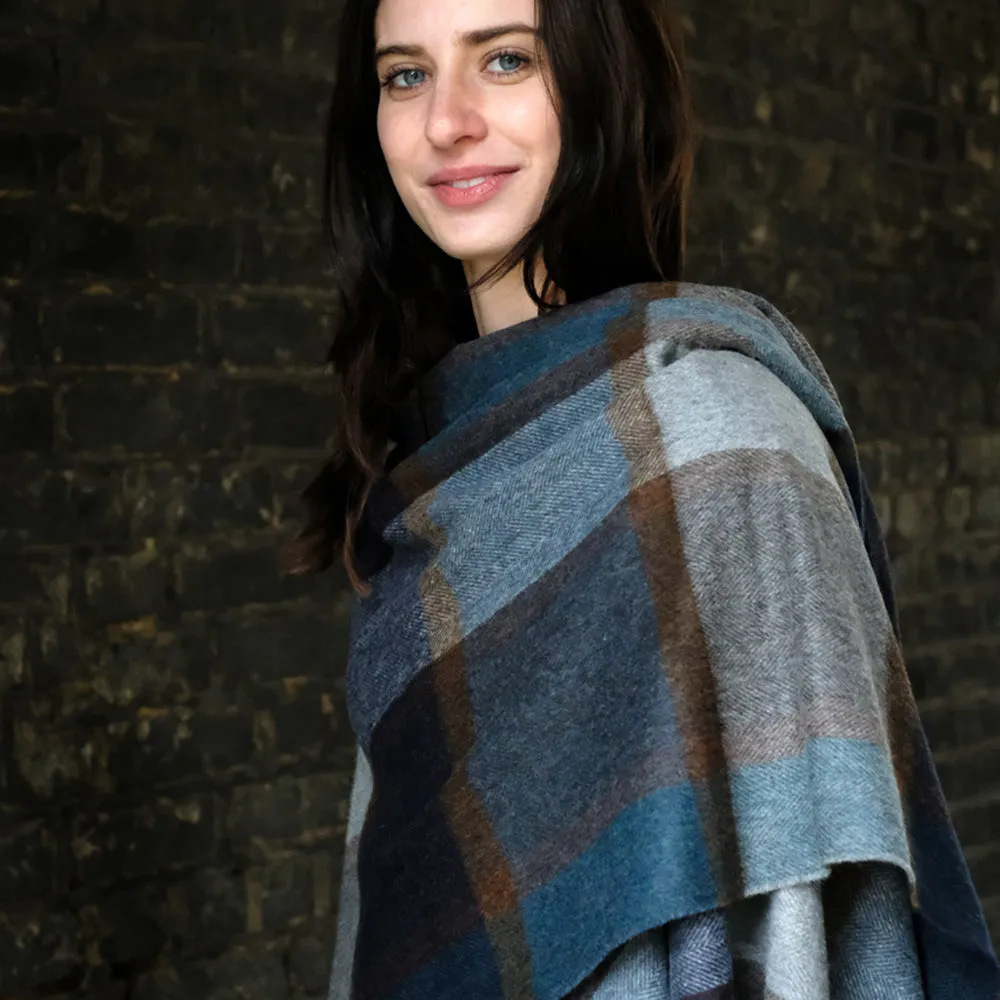 Lambswool Poncho in Blue Block Check