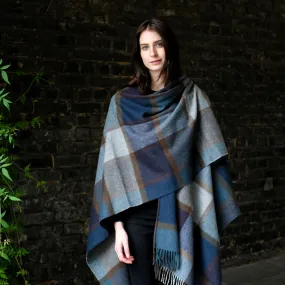 Lambswool Poncho in Blue Block Check