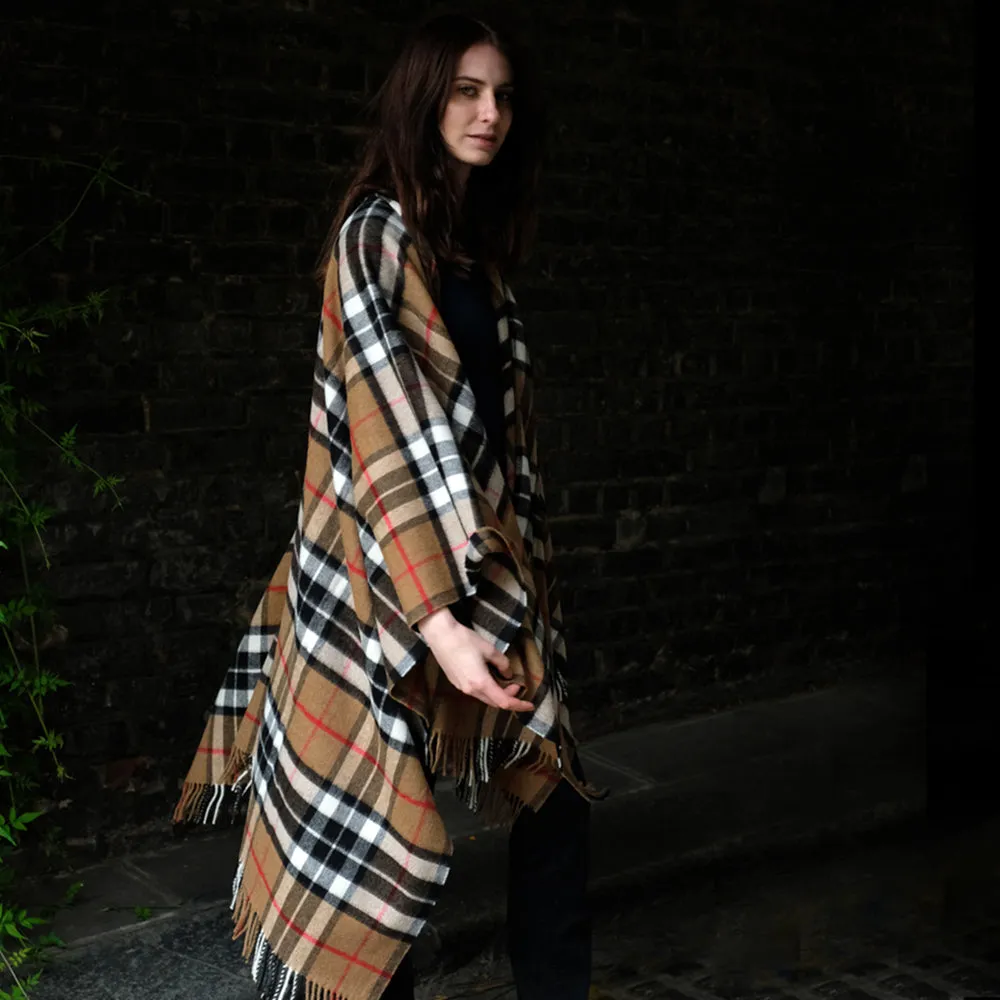 Lambswool Poncho in Camel Thompson Tartan