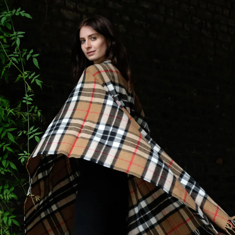 Lambswool Poncho in Camel Thompson Tartan