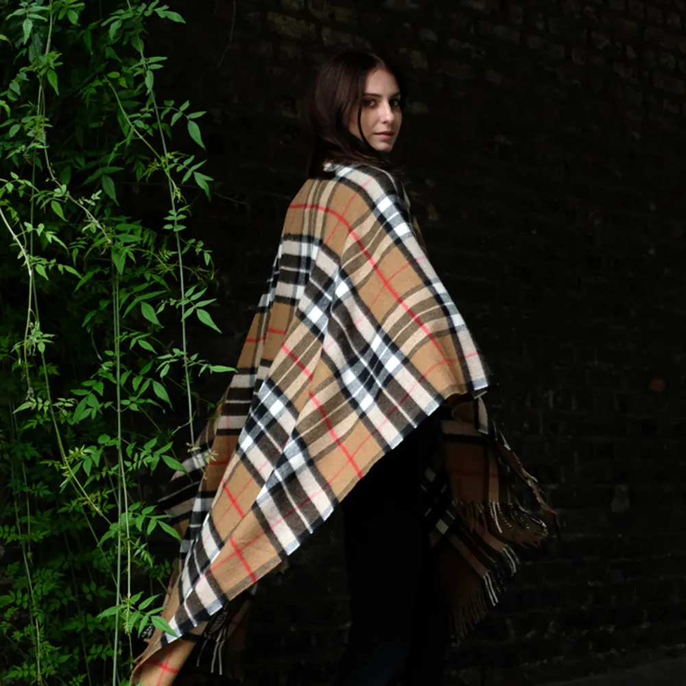 Lambswool Poncho in Camel Thompson Tartan