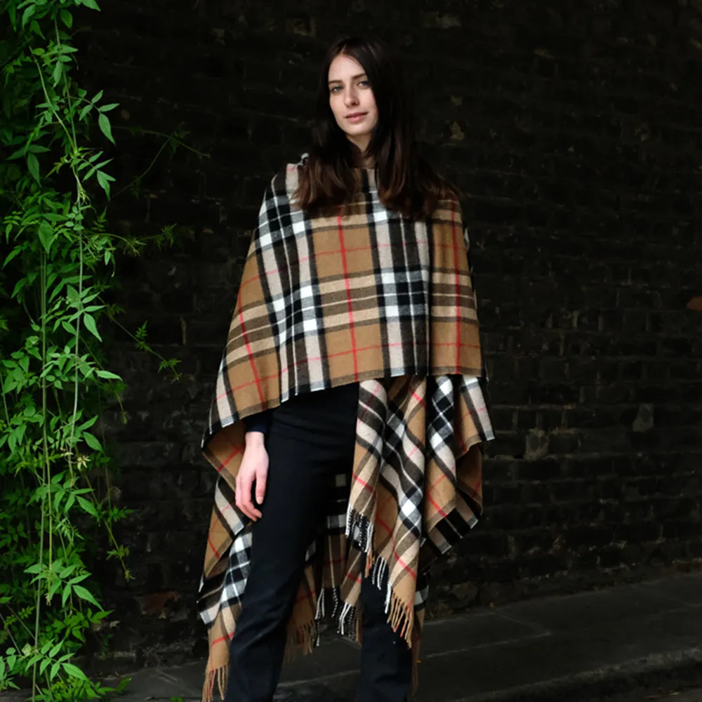 Lambswool Poncho in Camel Thompson Tartan
