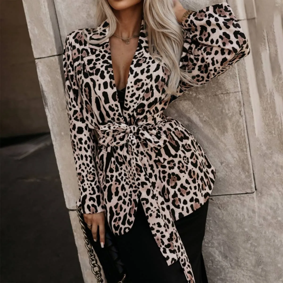 LONG-SLEEVED LEOPARD PRINT BLAZER LACE-UP COLLAR