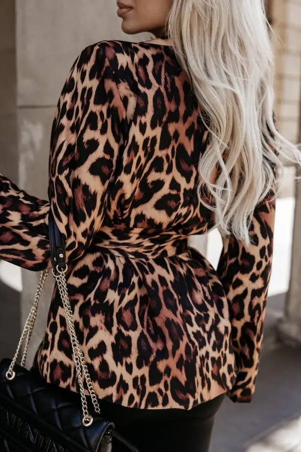 LONG-SLEEVED LEOPARD PRINT BLAZER LACE-UP COLLAR