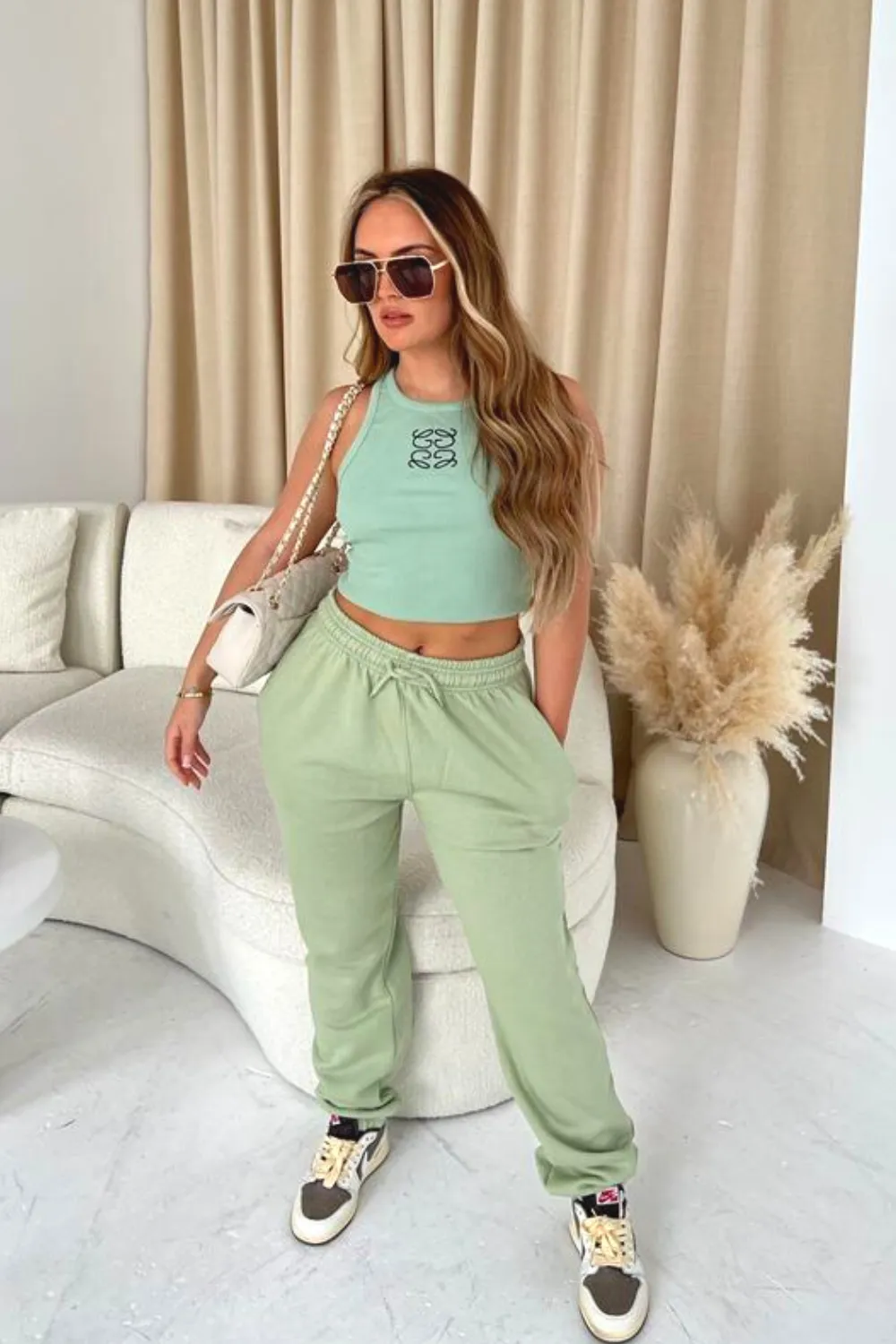 Louella khaki embroidered ribbed vest top