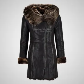 MARQUETTE Ladies Shearling Sheepskin Coat With Hood Long Haired Black