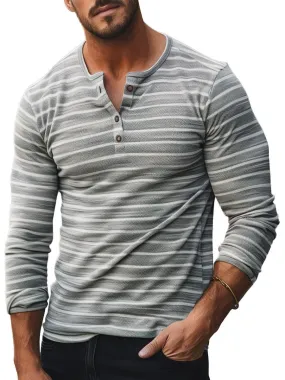 Men's Contrast Stripe Print Henley Collar Button-Down Long Sleeve T-Shirt