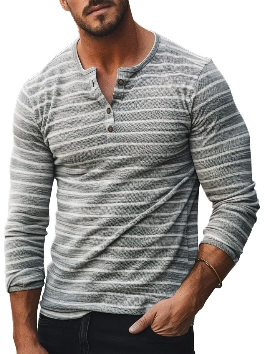 Men's Contrast Stripe Print Henley Collar Button-Down Long Sleeve T-Shirt
