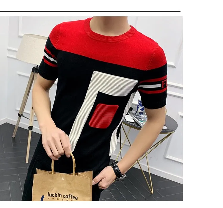 Men’s F Camiseta Slim Fit Short Sleeved Knitting T-Shirt
