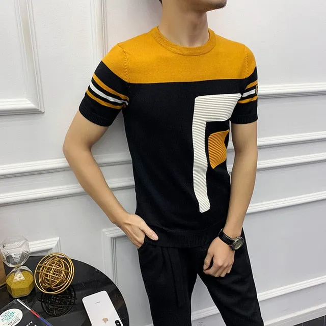 Men’s F Camiseta Slim Fit Short Sleeved Knitting T-Shirt