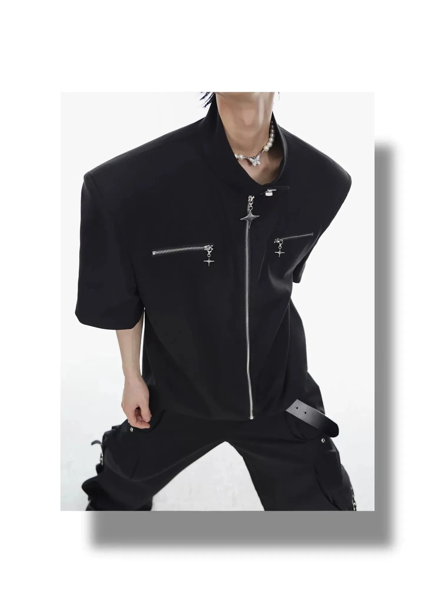 Metal Zip Short Sleeve Shirt Blazer with Mandarin Collar for Summer
