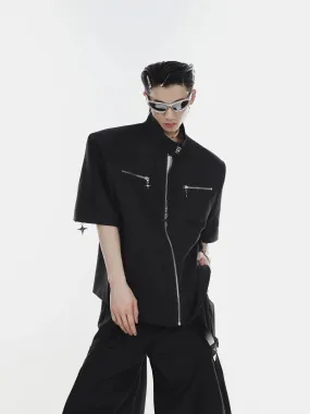 Metal Zip Short Sleeve Shirt Blazer with Mandarin Collar for Summer