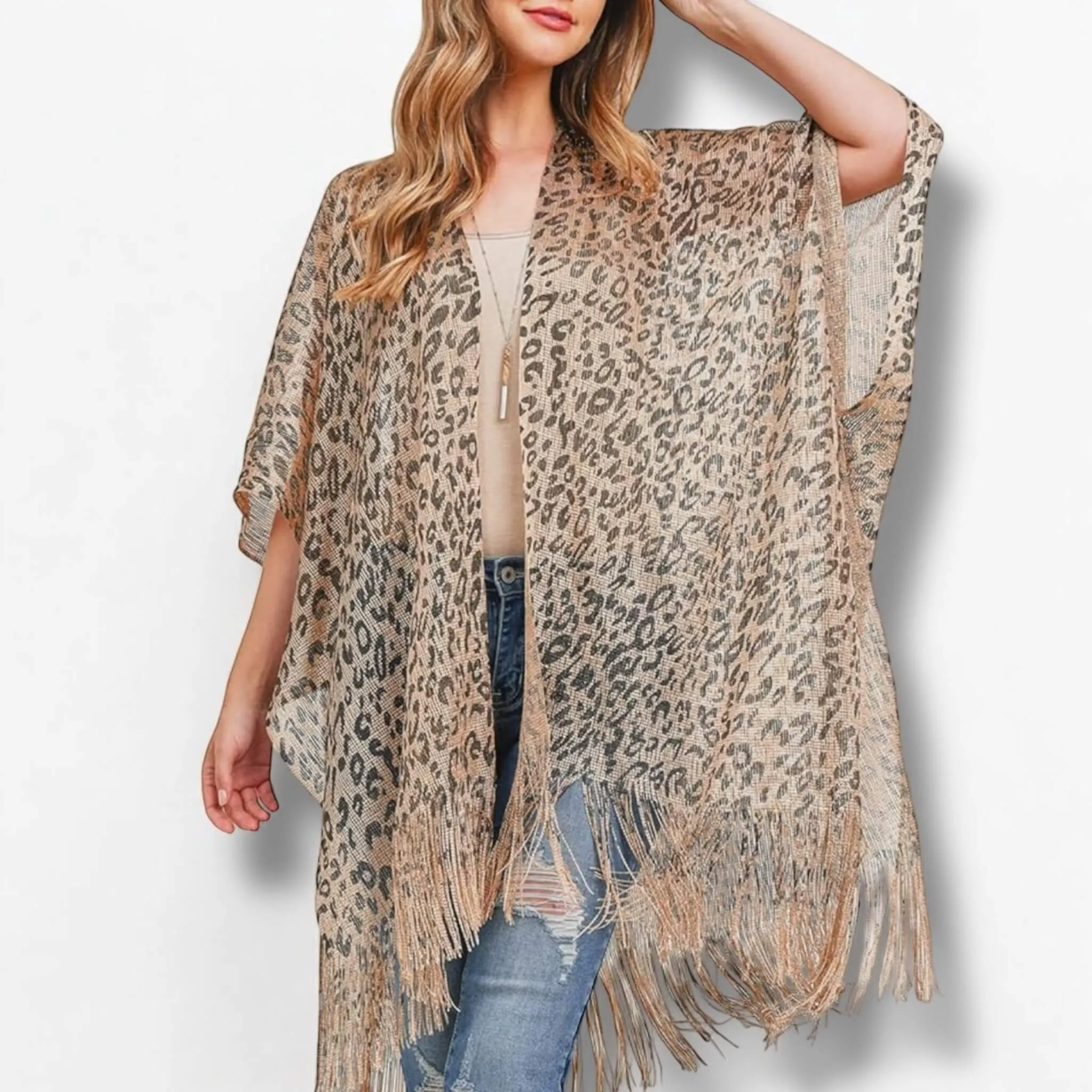 Metallic Fringe Kimono Cover Up
