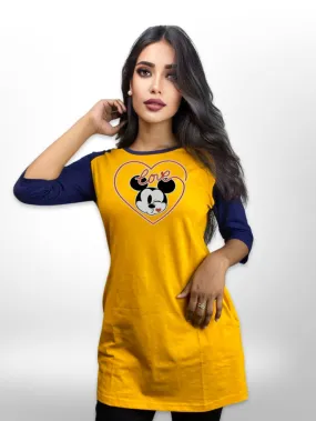 Mickey Love Kiss Printed Womens  Raglan Sleeve Side Pocket Lonf T shirt