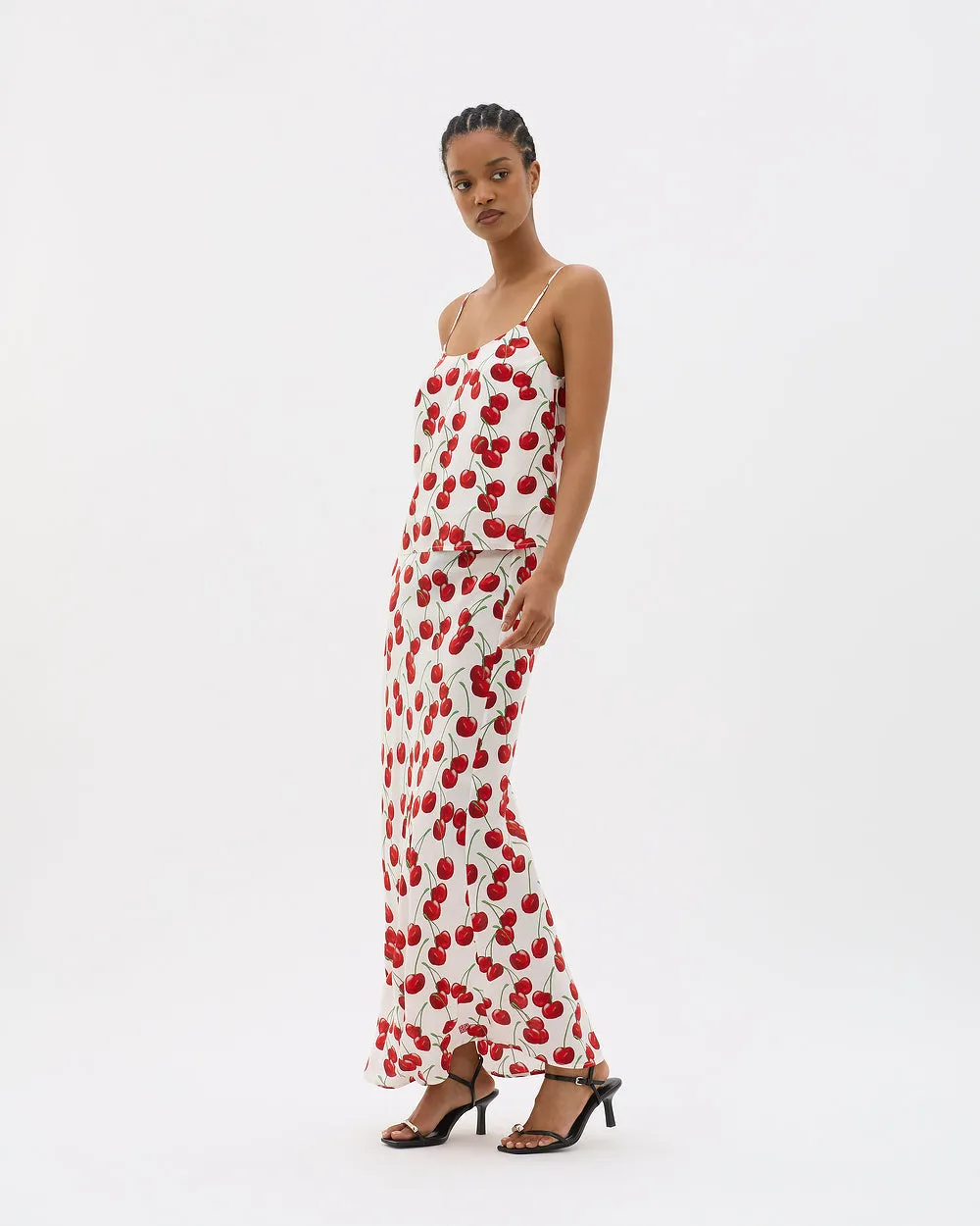 Muma World White Cherry Bias Maxi Skirt in White Cherry