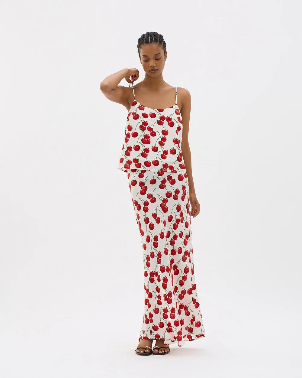 Muma World White Cherry Bias Maxi Skirt in White Cherry