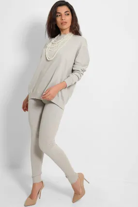 PEARL ACCESSORISED JUMPER & LEGGINGS KNIT GREY LOUNGE SET