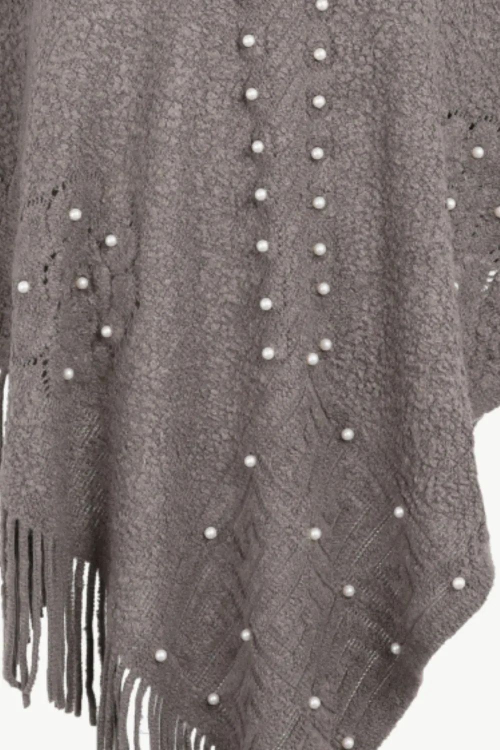Pearl Trim Fringe Hem Poncho | Casual Solid Woman's Stretchy Acrylic Poncho