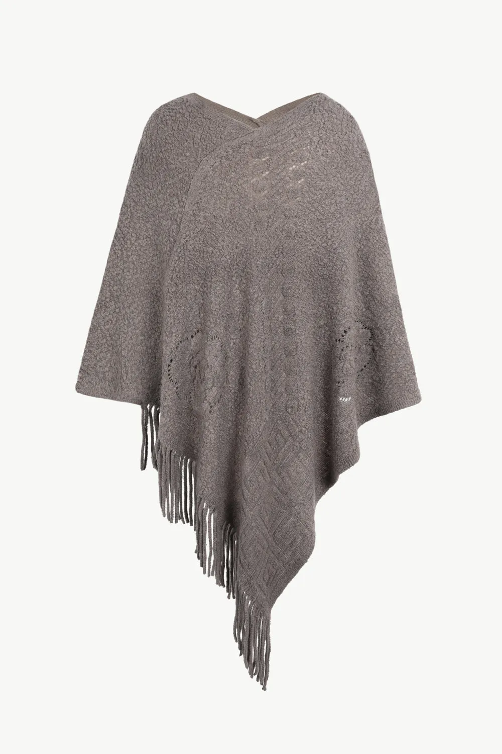 Pearl Trim Fringe Hem Poncho | Casual Solid Woman's Stretchy Acrylic Poncho