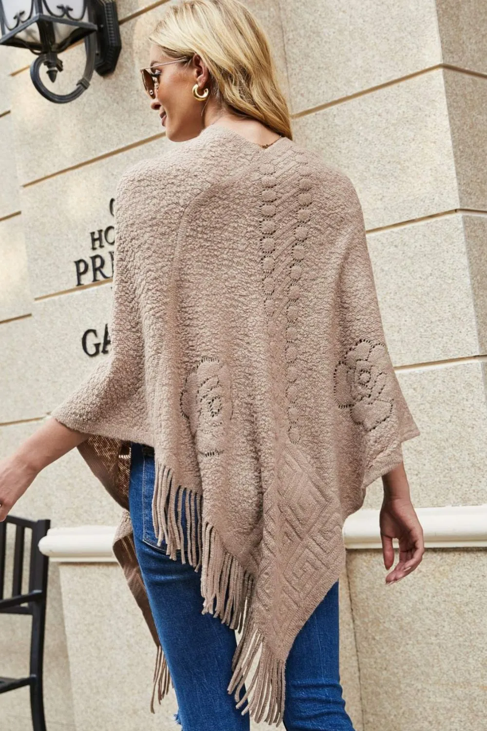Pearl Trim Fringe Hem Poncho | Casual Solid Woman's Stretchy Acrylic Poncho