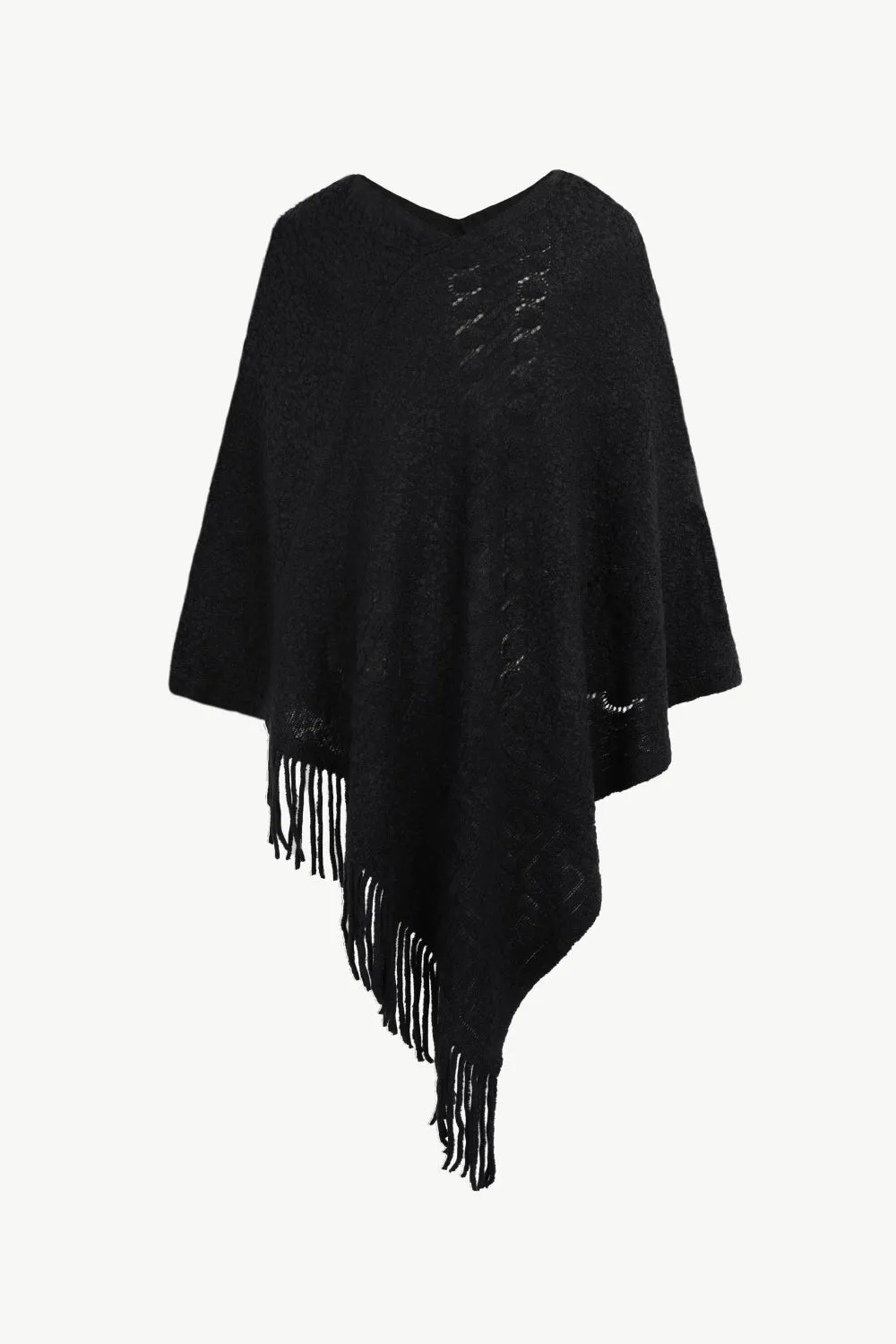 Pearl Trim Fringe Hem Poncho | Casual Solid Woman's Stretchy Acrylic Poncho