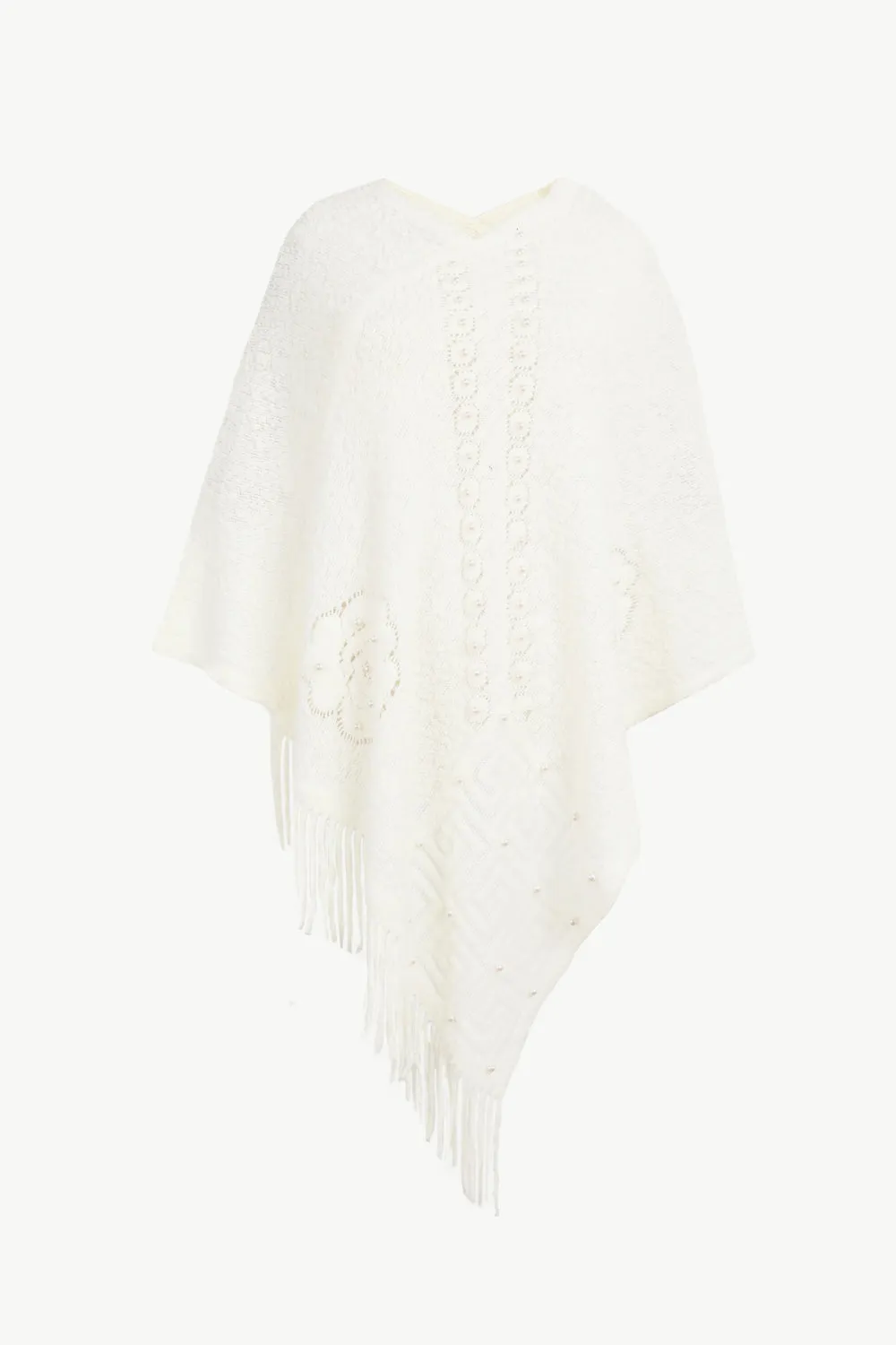 Pearl Trim Fringe Hem Poncho | Casual Solid Woman's Stretchy Acrylic Poncho