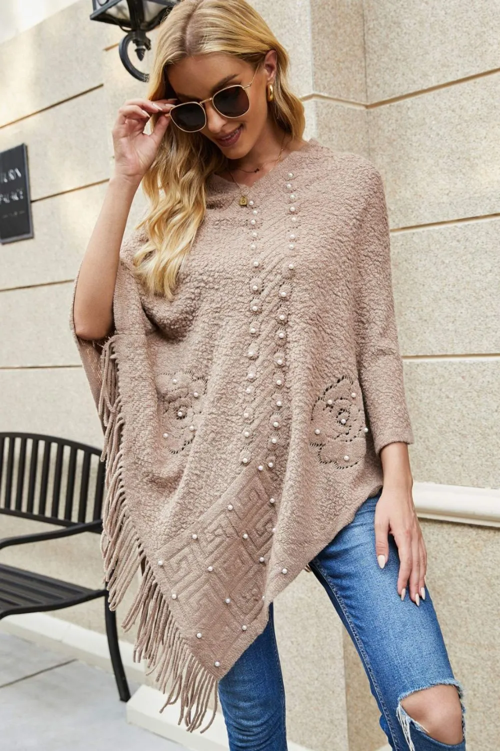 Pearl Trim Fringe Hem Poncho | Casual Solid Woman's Stretchy Acrylic Poncho