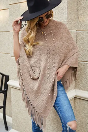 Pearl Trim Fringe Hem Poncho | Casual Solid Woman's Stretchy Acrylic Poncho