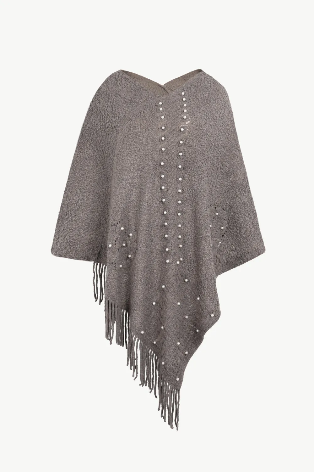 Pearl Trim Fringe Hem Poncho | Casual Solid Woman's Stretchy Acrylic Poncho