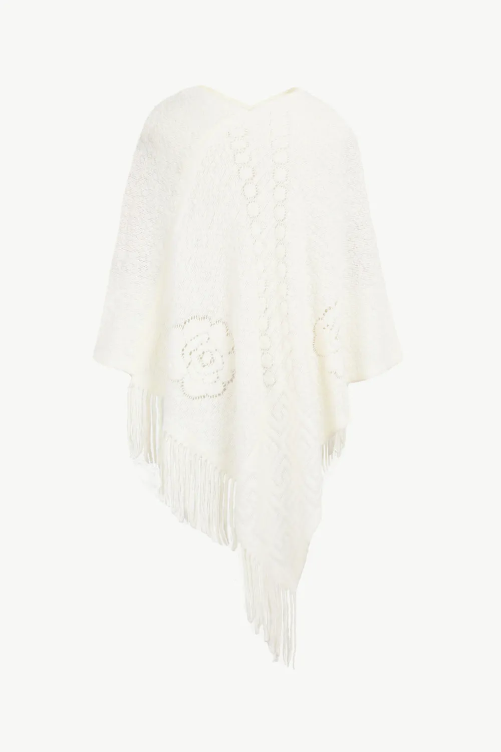 Pearl Trim Fringe Hem Poncho | Casual Solid Woman's Stretchy Acrylic Poncho