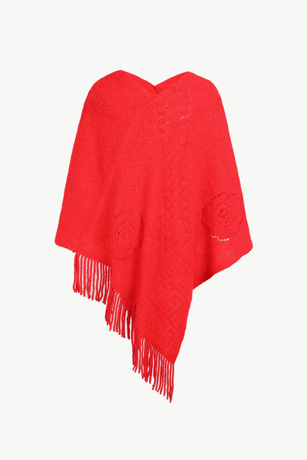 Pearl Trim Fringe Hem Poncho | Casual Solid Woman's Stretchy Acrylic Poncho