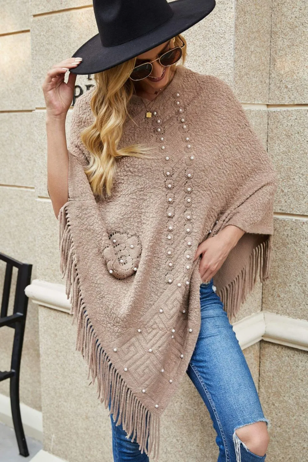 Pearl Trim Fringe Hem Poncho | Casual Solid Woman's Stretchy Acrylic Poncho