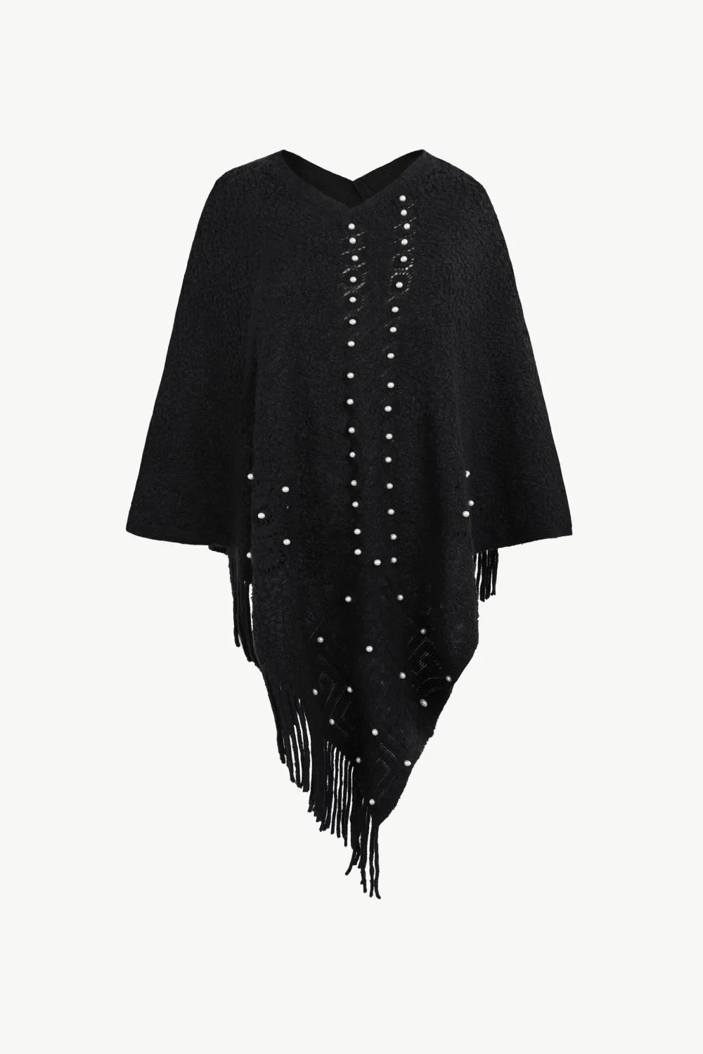 Pearl Trim Fringe Hem Poncho | Casual Solid Woman's Stretchy Acrylic Poncho