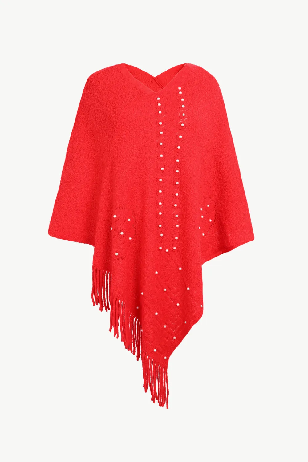 Pearl Trim Fringe Hem Poncho | Casual Solid Woman's Stretchy Acrylic Poncho