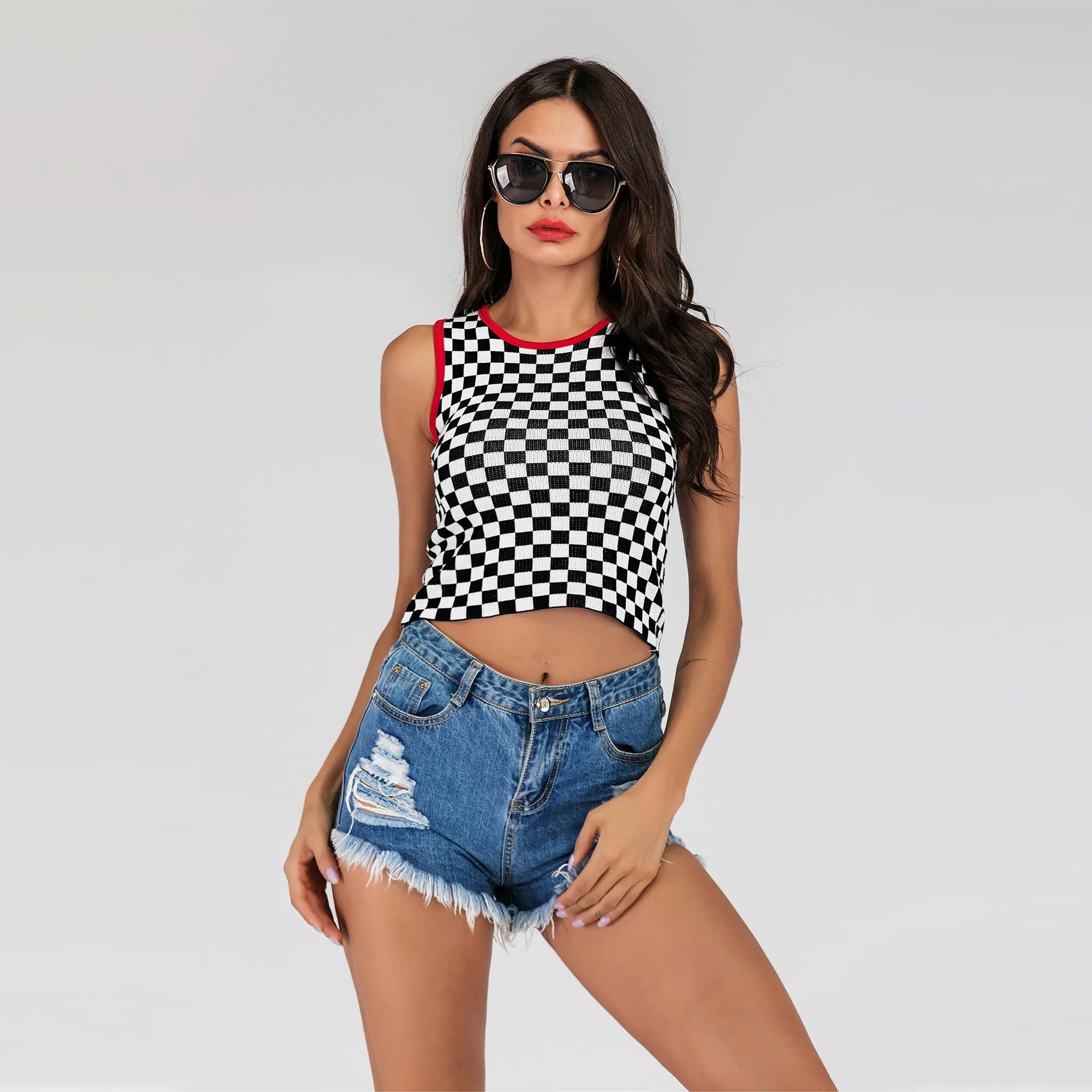 PEOPLETERRITORY 2025 New  short open-navel slim-fitting sleeveless vest checkerboard knitted bottoming tank top women
