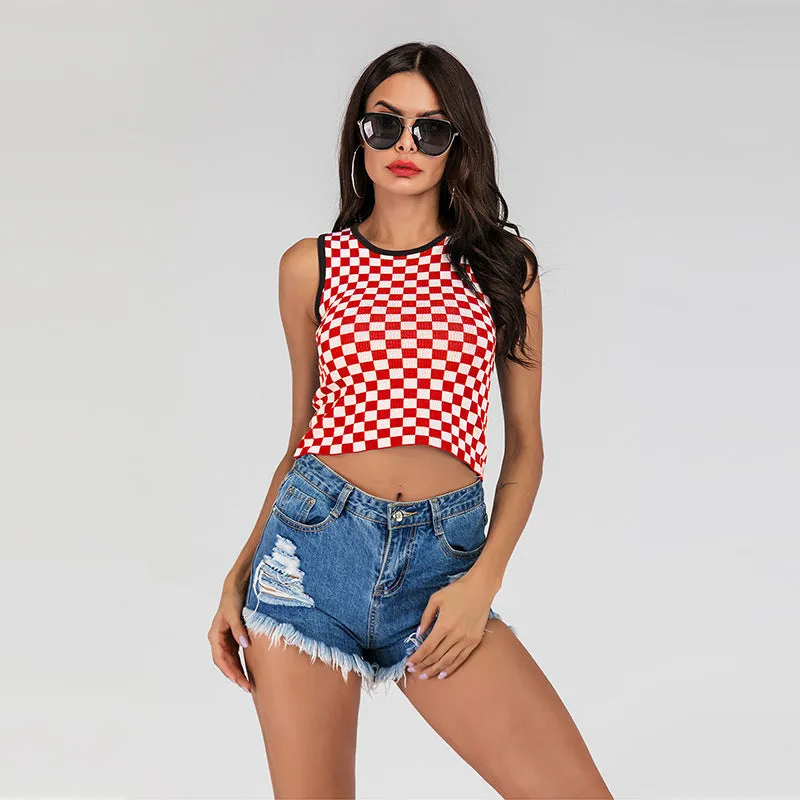 PEOPLETERRITORY 2025 New  short open-navel slim-fitting sleeveless vest checkerboard knitted bottoming tank top women