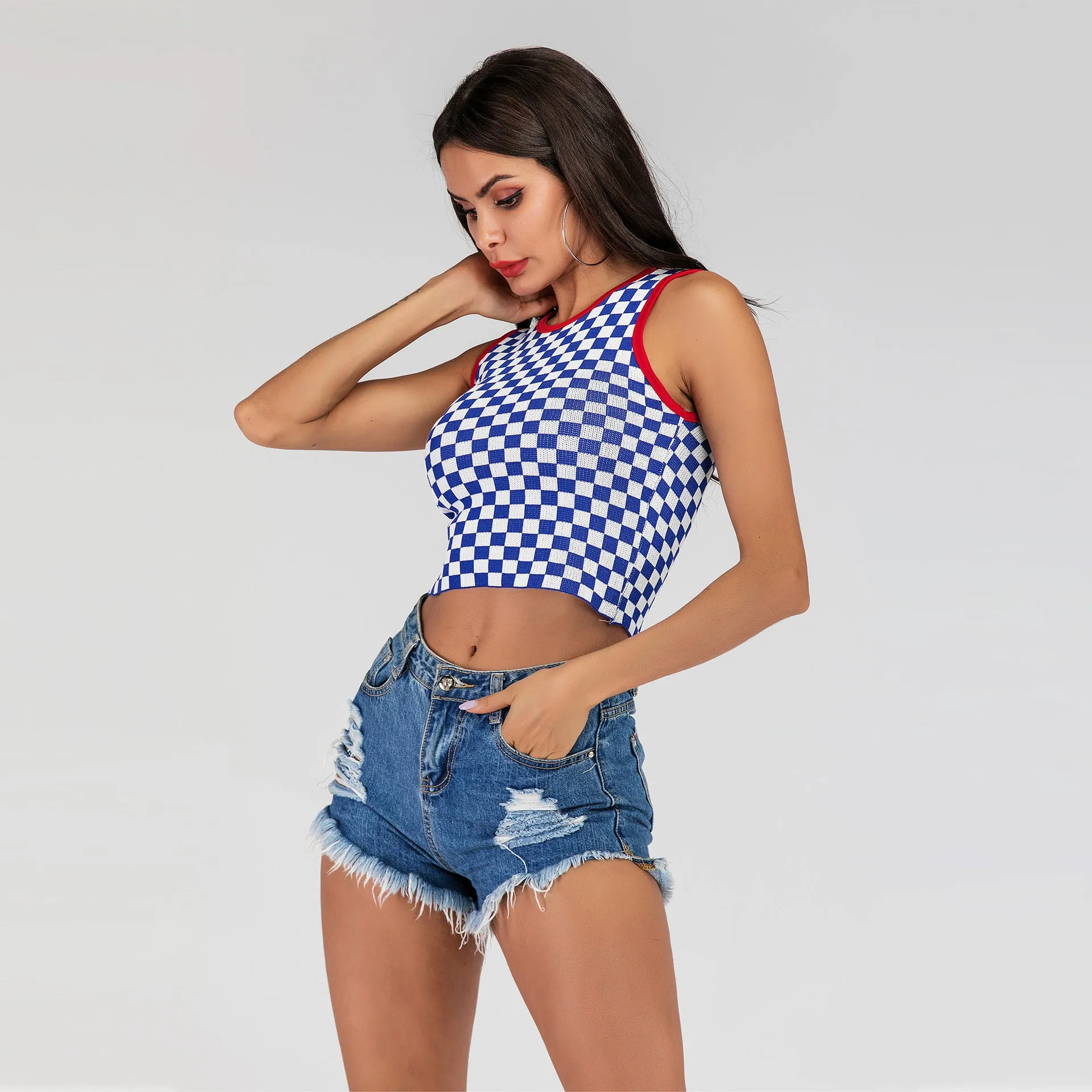 PEOPLETERRITORY 2025 New  short open-navel slim-fitting sleeveless vest checkerboard knitted bottoming tank top women