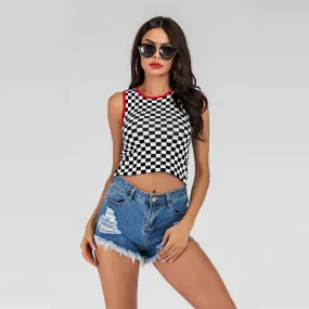 PEOPLETERRITORY 2025 New  short open-navel slim-fitting sleeveless vest checkerboard knitted bottoming tank top women