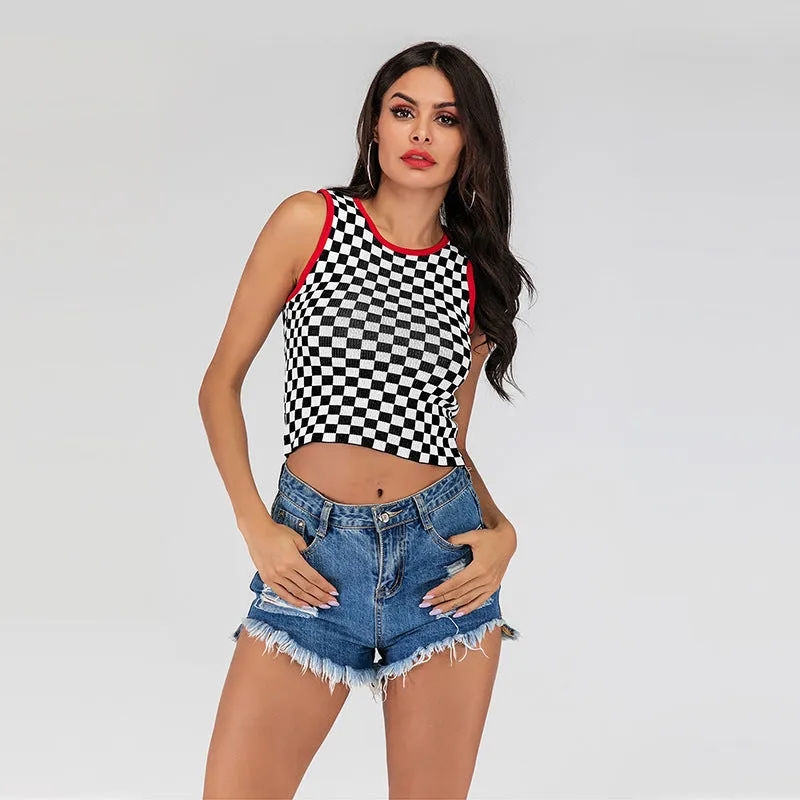 PEOPLETERRITORY 2025 New  short open-navel slim-fitting sleeveless vest checkerboard knitted bottoming tank top women