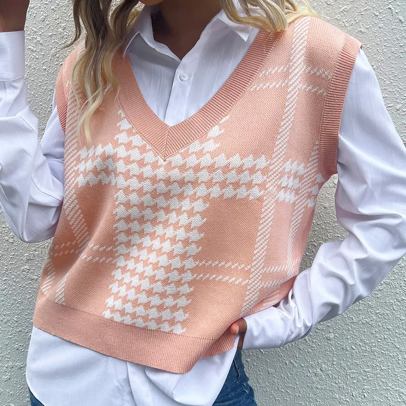 PEOPLETERRITORY 's new popular autumn and winter New 2025 sleeveless vest with a thousand bird grid knitted vest female sweet and spicy style