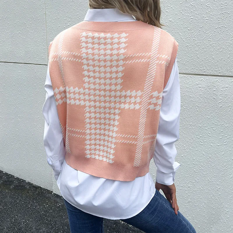 PEOPLETERRITORY 's new popular autumn and winter New 2025 sleeveless vest with a thousand bird grid knitted vest female sweet and spicy style