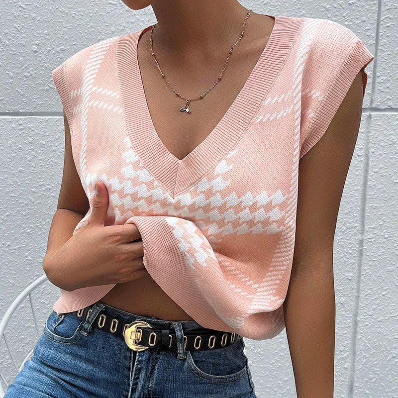 PEOPLETERRITORY 's new popular autumn and winter New 2025 sleeveless vest with a thousand bird grid knitted vest female sweet and spicy style